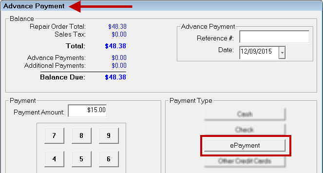 the Advanced Payment window with the ePayment button circled.